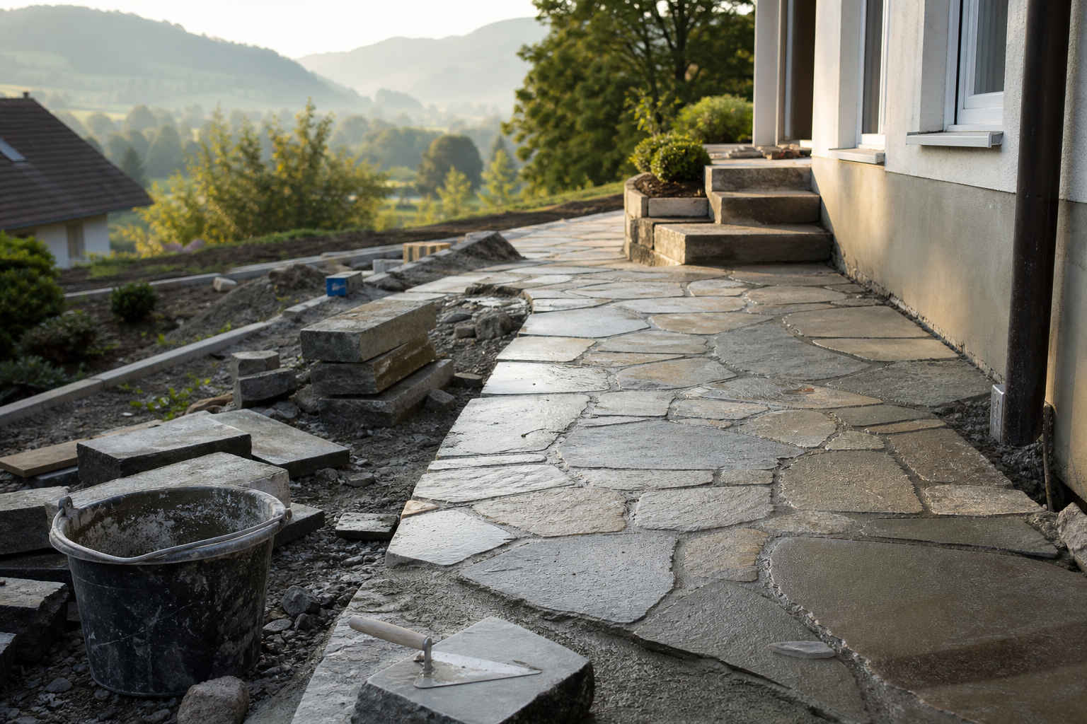 Neu verlegte Pflasterfläche und Gartenweg am Haus